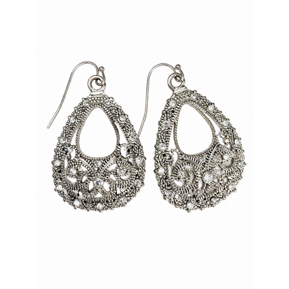 Vintage Silver Tone Filigree Teardrop Rhinestone Dangle Earrings Boho Victorian